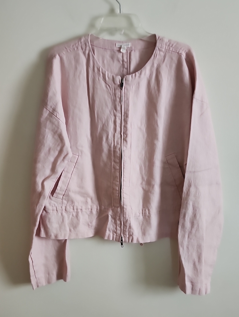 Eileen Fisher Pale Pink Zip-Front Organic Linen Jacket Roll Up Sleeves Pockets.